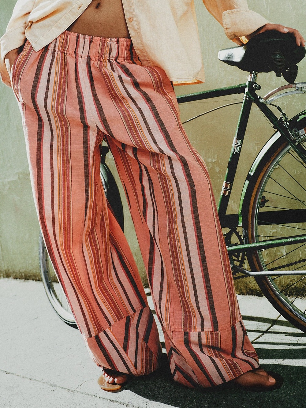 Free People Day's End Linen Striped Pull-On Pants in Soft Coral Combo NWT